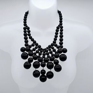 Bubble Bead Statement Necklace Large Bib Black Fringe Chunky Ball Fringe Jewelry